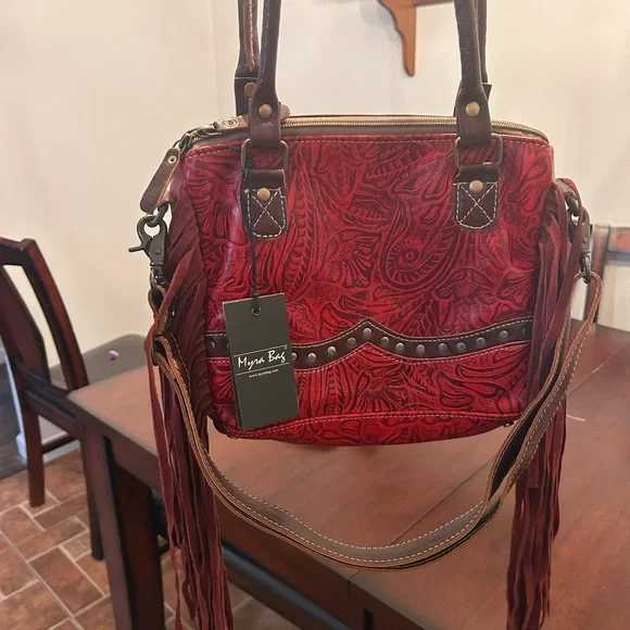 Myra  Red and Fringe Shoulder Bag - Picture 4 of 5